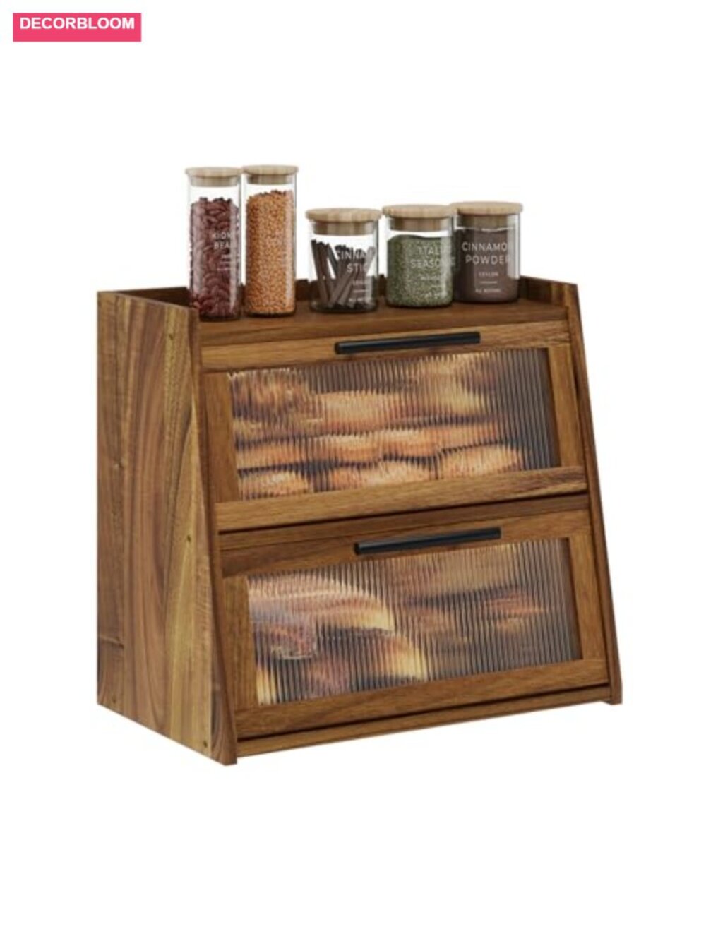 Acacia Wood Double Layer Bread Box with Bronze Handles and Fluted Acrylic Door